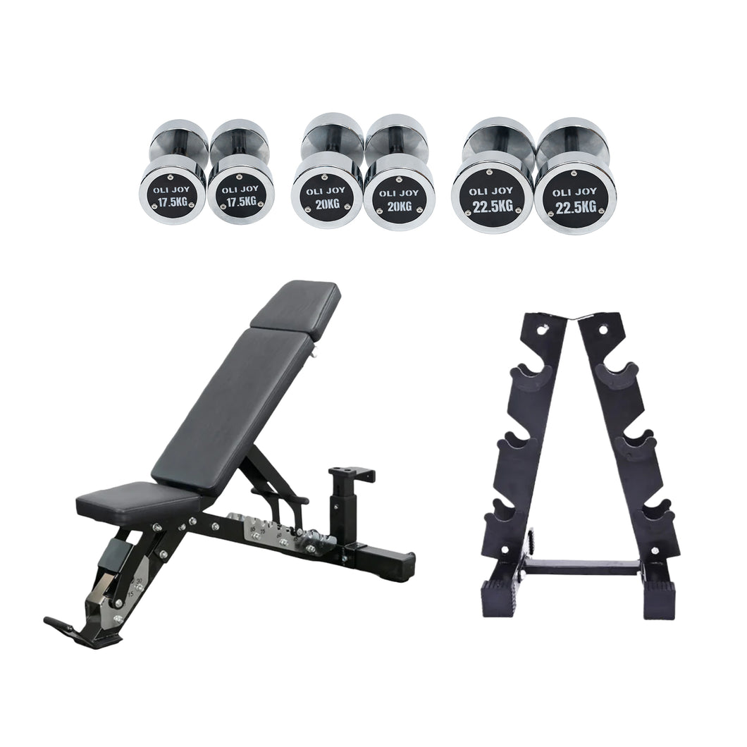 Chrome Round Dumbbell Set (17.5kg / 20kg / 22.5kg)& Dumbbell Rack + Commercial 3-Point Adjustable Bench