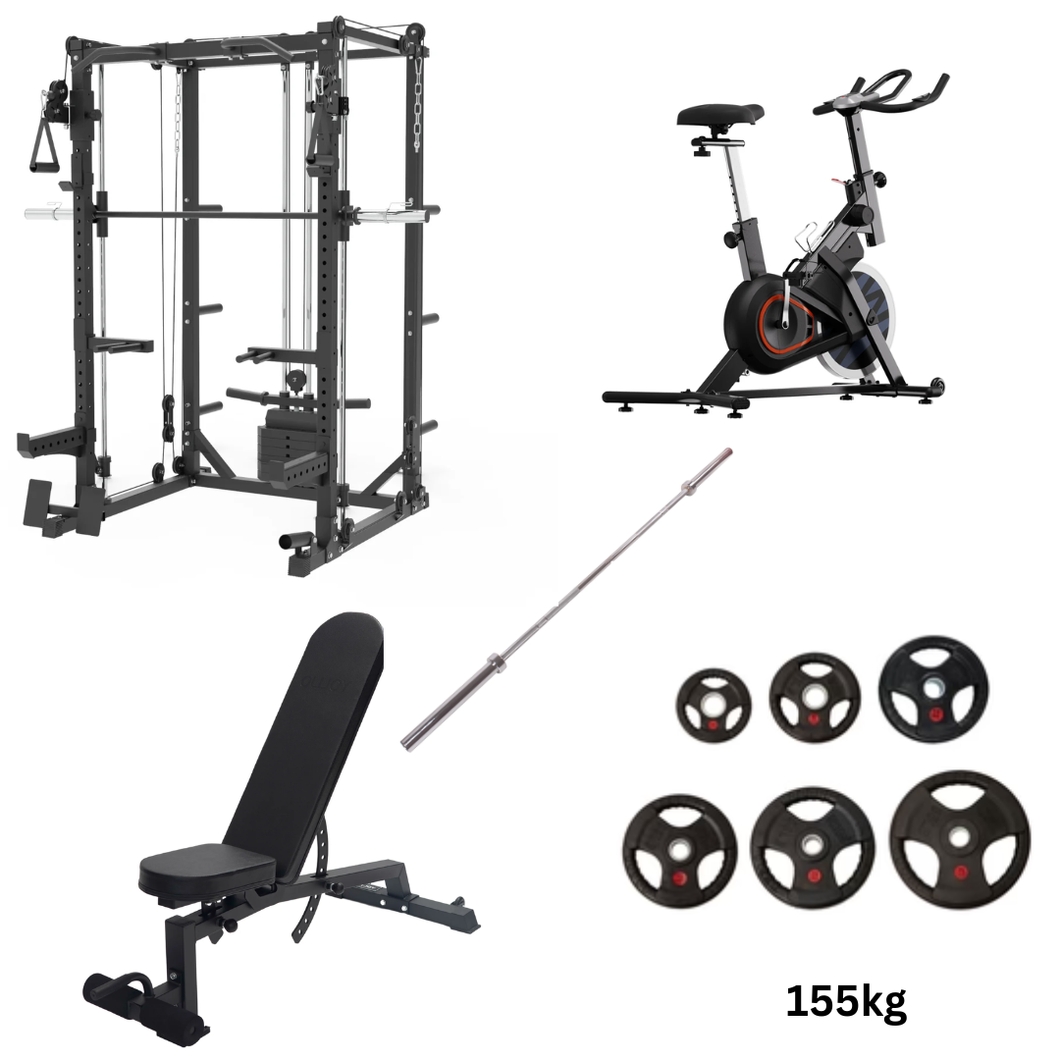 Oli Joy 5383 Ultimate Training Bundle – Smith Machine with 155 kg Plates, Bench & Magnetic Exercise Bike