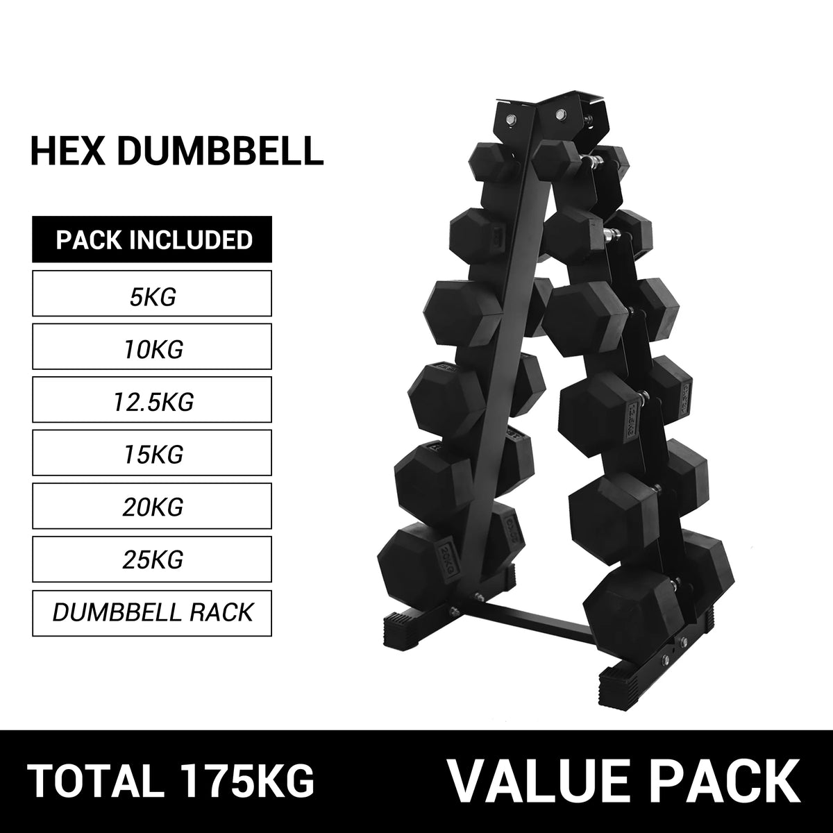 5kg to 25kg Hex Dumbbell & Storage Rack Bundle (6 pairs - 175kg)