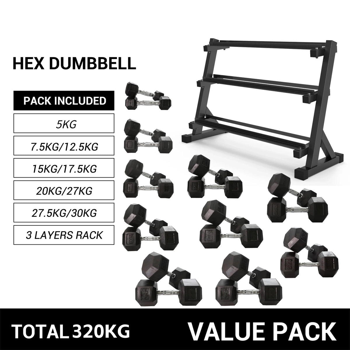 5kg to 30kg Hex Dumbbell & Premium Quality Storage Rack Bundle (10 pairs -320kg)