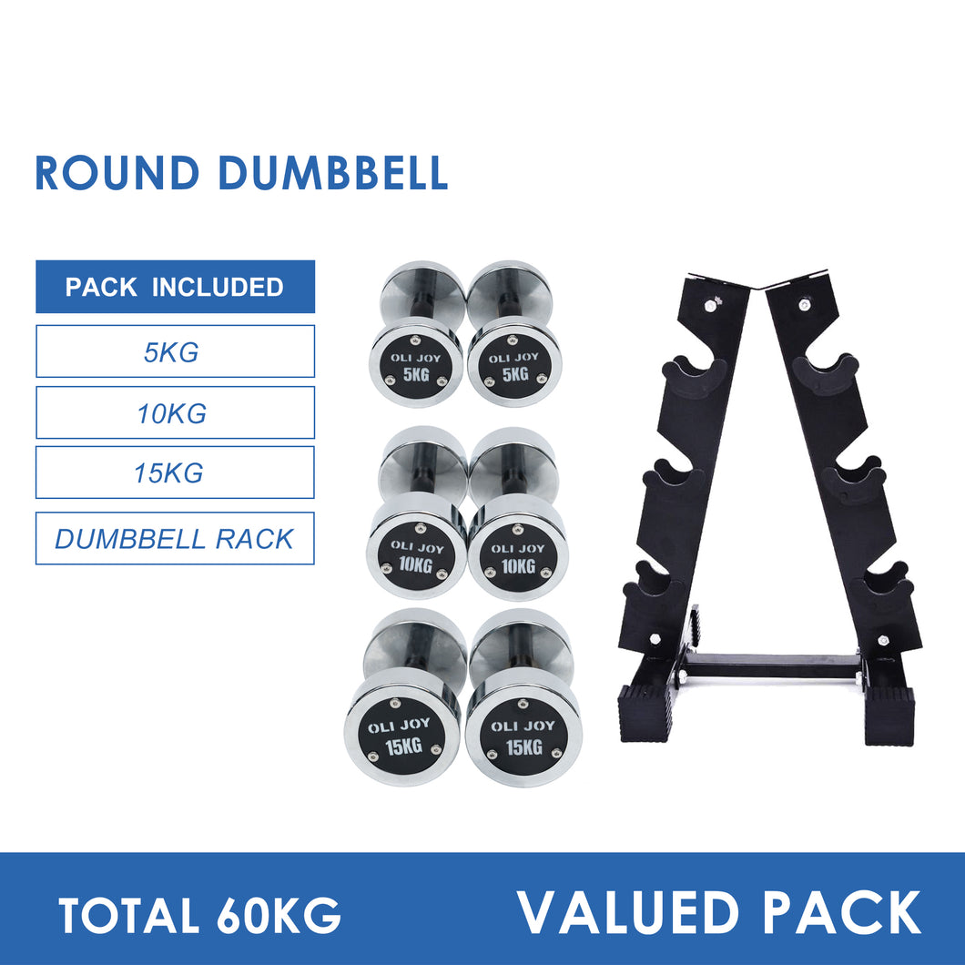 5kg to 15kg Chrome Round Dumbbell & Storage Rack Bundle (3 pairs - 60kg) - Oli Joy Sports 