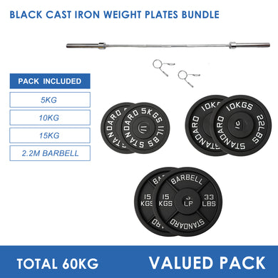 60kg Black Cast Iron Plates & Barbell Bundle (2.2m bar) - Oli Joy Sports 
