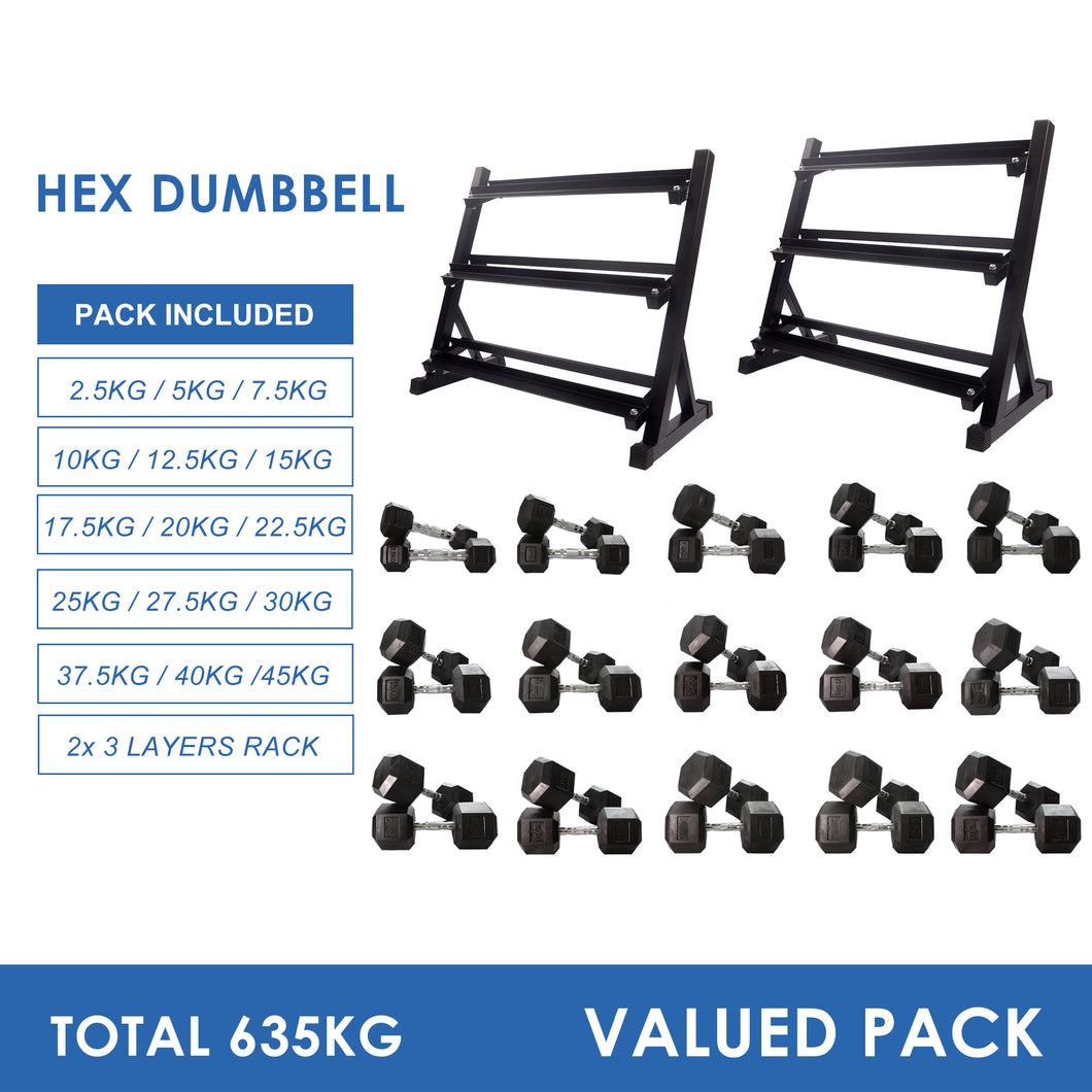 2.5kg to 45kg Hex Dumbbell Bundle & Storage Rack Bundle (15 pairs - 635kg)