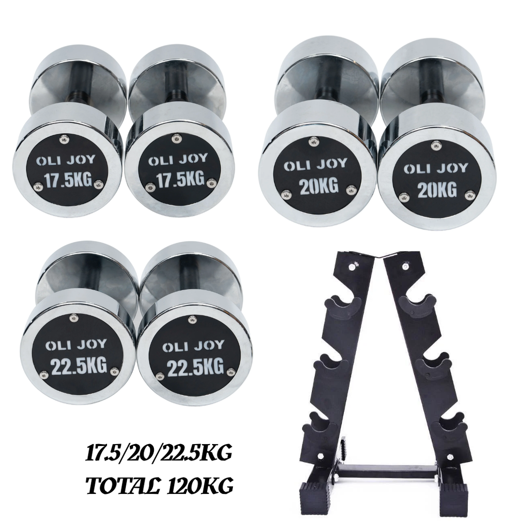 Chrome Round Dumbbell Set (17.5kg / 20kg / 22.5kg) + 3-Pairs Dumbbell Rack