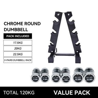 Chrome Round Dumbbell Set (17.5kg / 20kg / 22.5kg) + 3-Pairs Dumbbell Rack