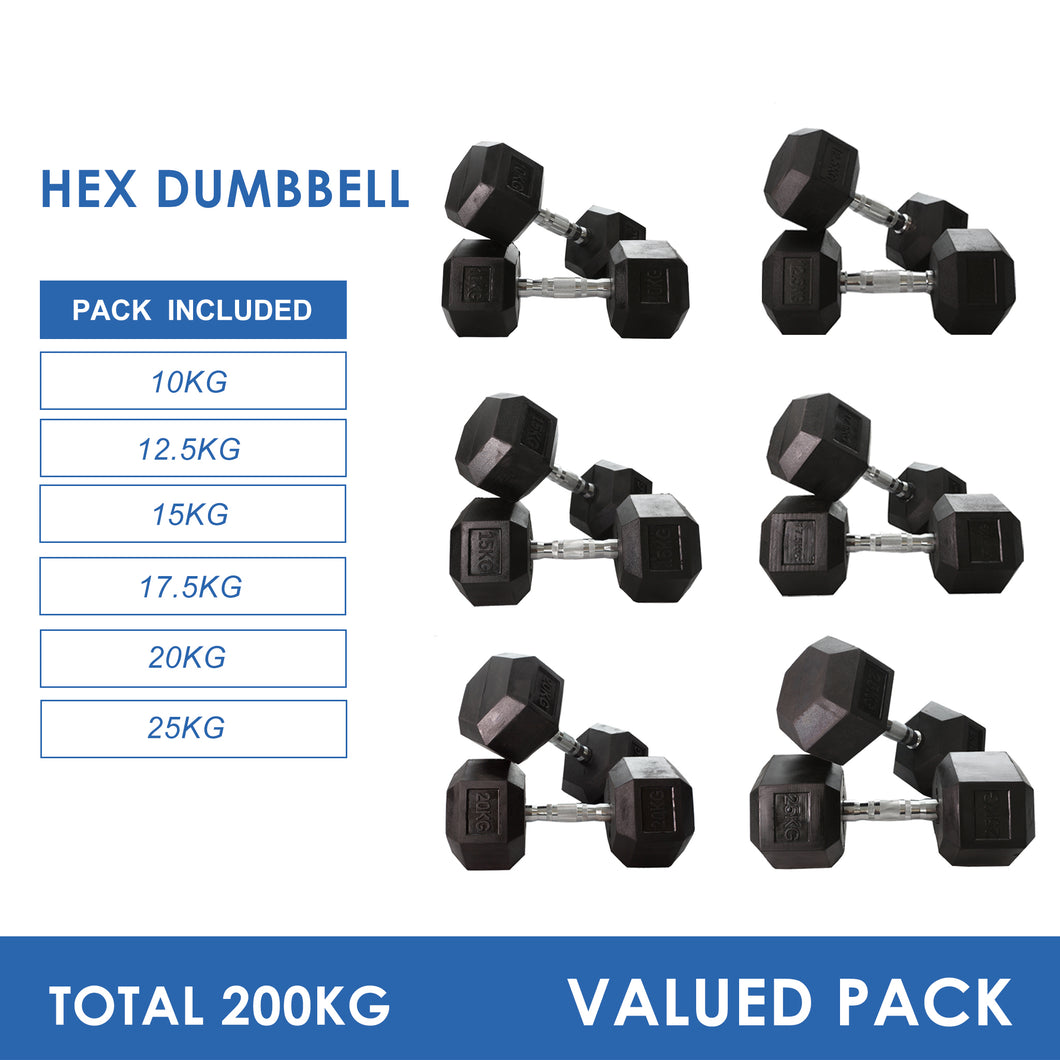 10kg to 25kg Hex Dumbbell Bundle (6 pairs - 200kg)