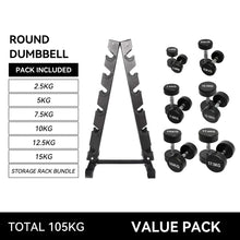 Load image into Gallery viewer, 2.5kg to 15kg Round Dumbbell &amp; Storage Rack Bundle (6 pairs -105kg)
