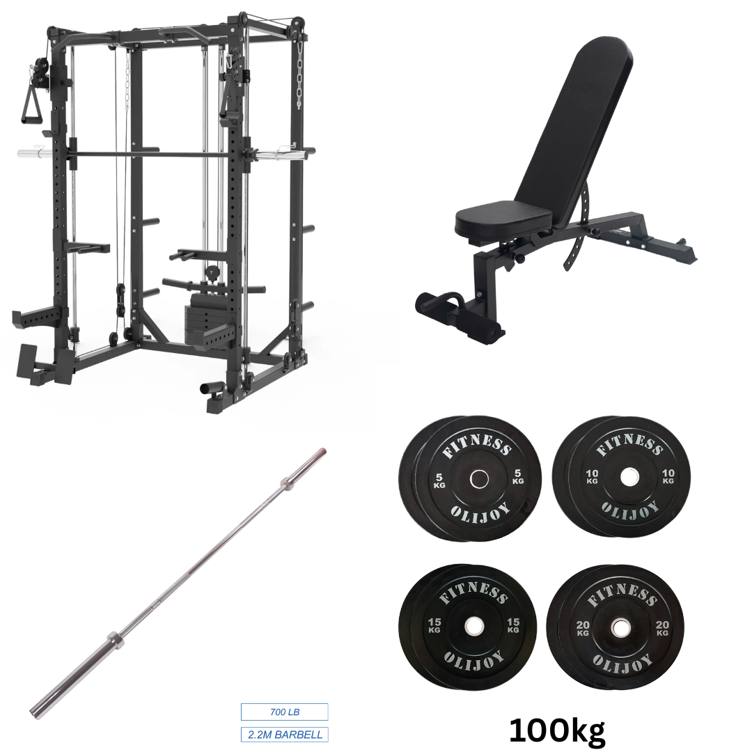 Oli Joy 5383 Home Strength Bundle – Smith Machine with 100 kg Olympic Plates, Barbell & Adjustable Bench
