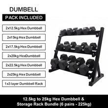 Load image into Gallery viewer, 12.5kg to 25kg Hex Dumbbell &amp; Storage Rack Bundle (6 pairs - 225kg)
