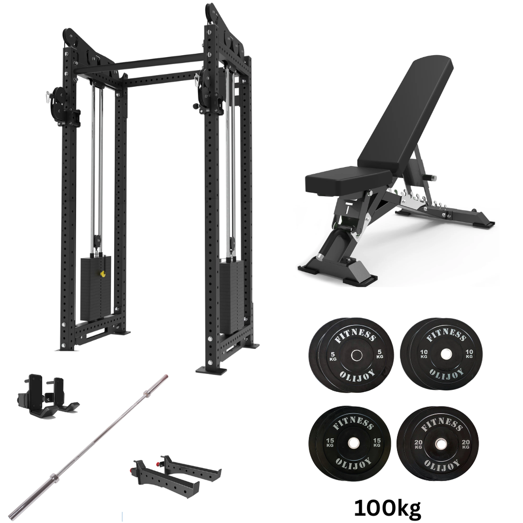 Oli Joy 5492 Pro Functional Power Bundle – Commercial Cable Crossover Trainer with 100 kg Olympic Bumper Plates, Barbell, Heavy-Duty Adjustable Bench & Safety System