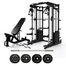 Load image into Gallery viewer, Oli Joy 10-in-1 Power Rack with 300LB Stack,Smith Machine,100 KG Bumper Plates, Barbell &amp; Adjustable Bench
