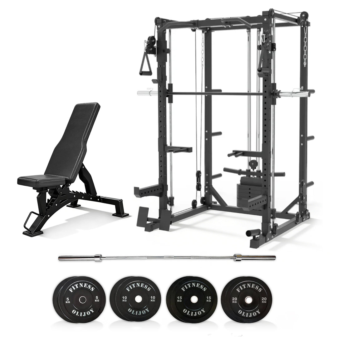 Oli Joy 5383 Home Strength Bundle – Smith Machine with 100 kg Olympic Bumper Plates, Barbell & Adjustable Bench