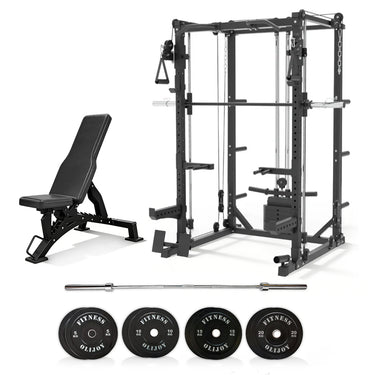 Oli Joy 5383 Home Strength Bundle – Smith Machine with 100 kg Olympic Bumper Plates, Barbell & Adjustable Bench
