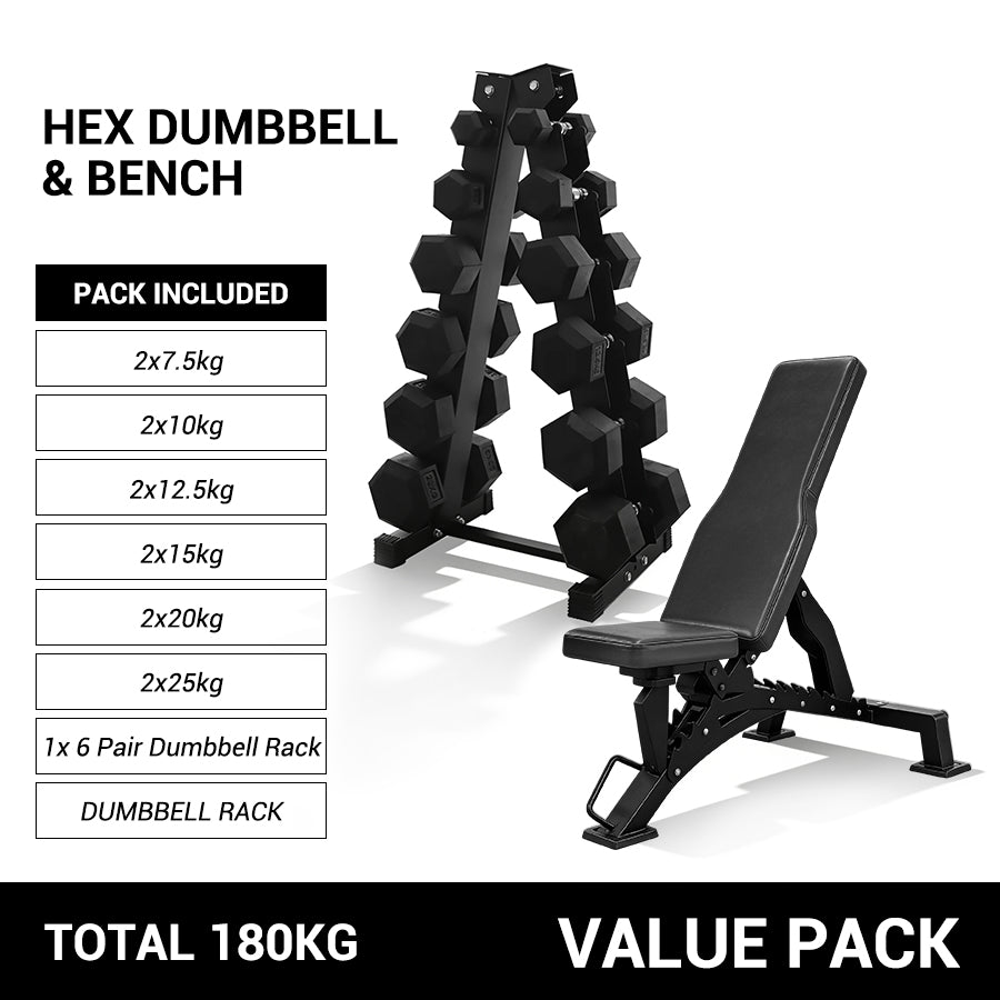 7.5kg to 25kg Hex Dumbbell & Storage Rack & Bench Bundle (6 pairs - 180kg)