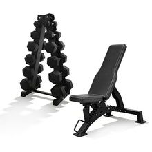 Load image into Gallery viewer, 2.5kg to 22.5kg Hex Dumbbell &amp; Storage Rack &amp; Bench 5563 Bundle (6 pairs - 155kg)
