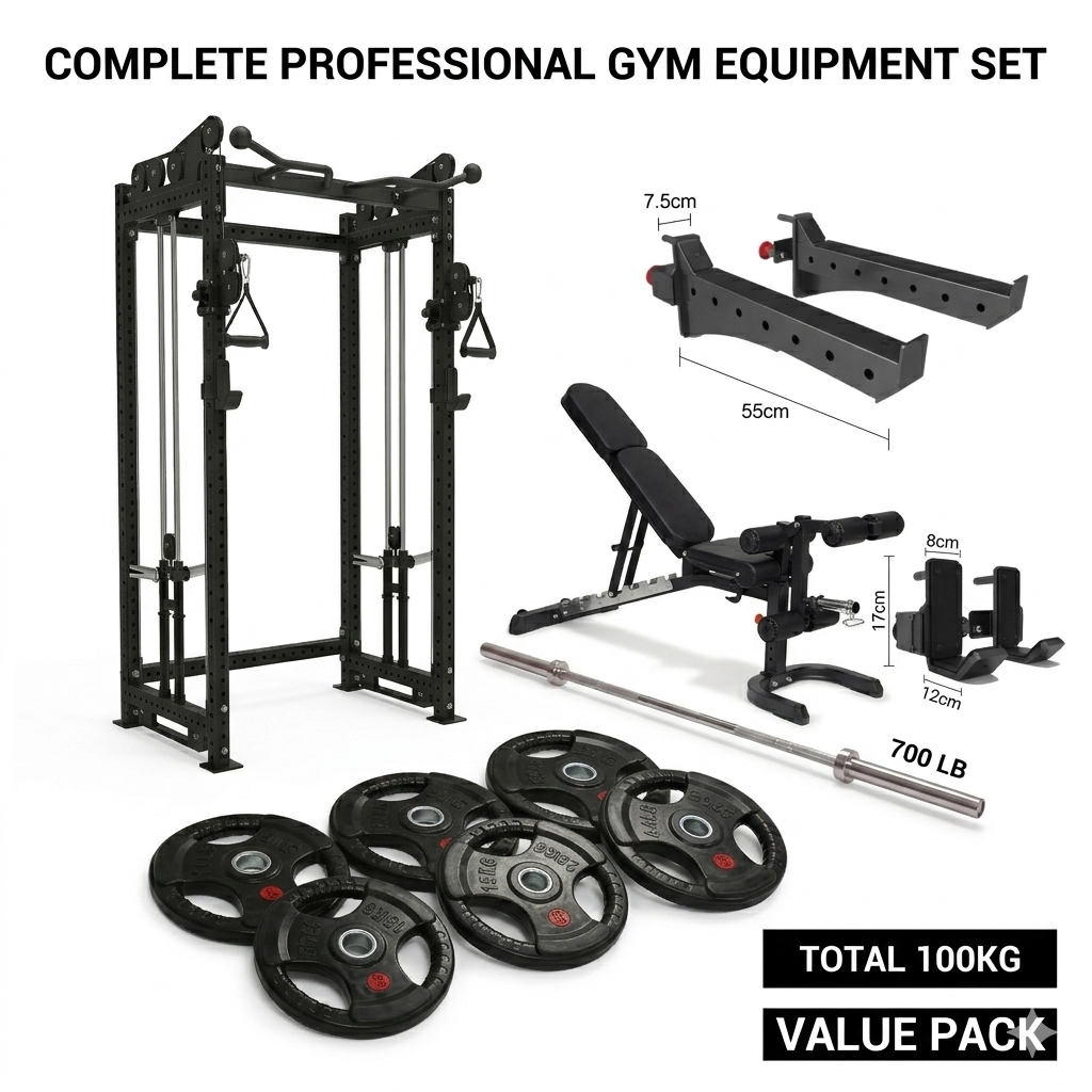 Ultimate 3.0mm Cable Crossover+Adjustable Bench  Leg Curl Attachment plate load & Free Weight Training System（100kg rubber plates weights））