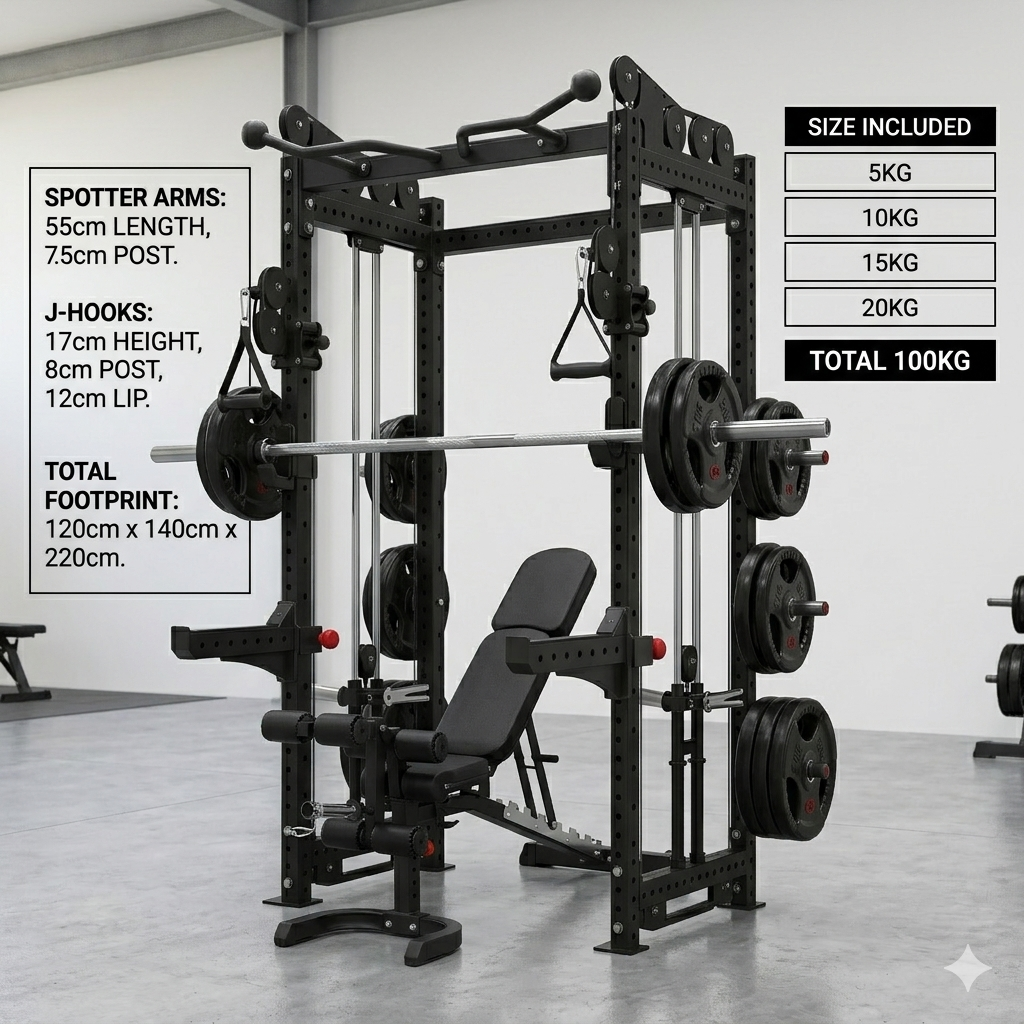 Ultimate 3.0mm Cable Crossover+Adjustable Bench  Leg Curl Attachment plate load & Free Weight Training System（100kg rubber plates weights））