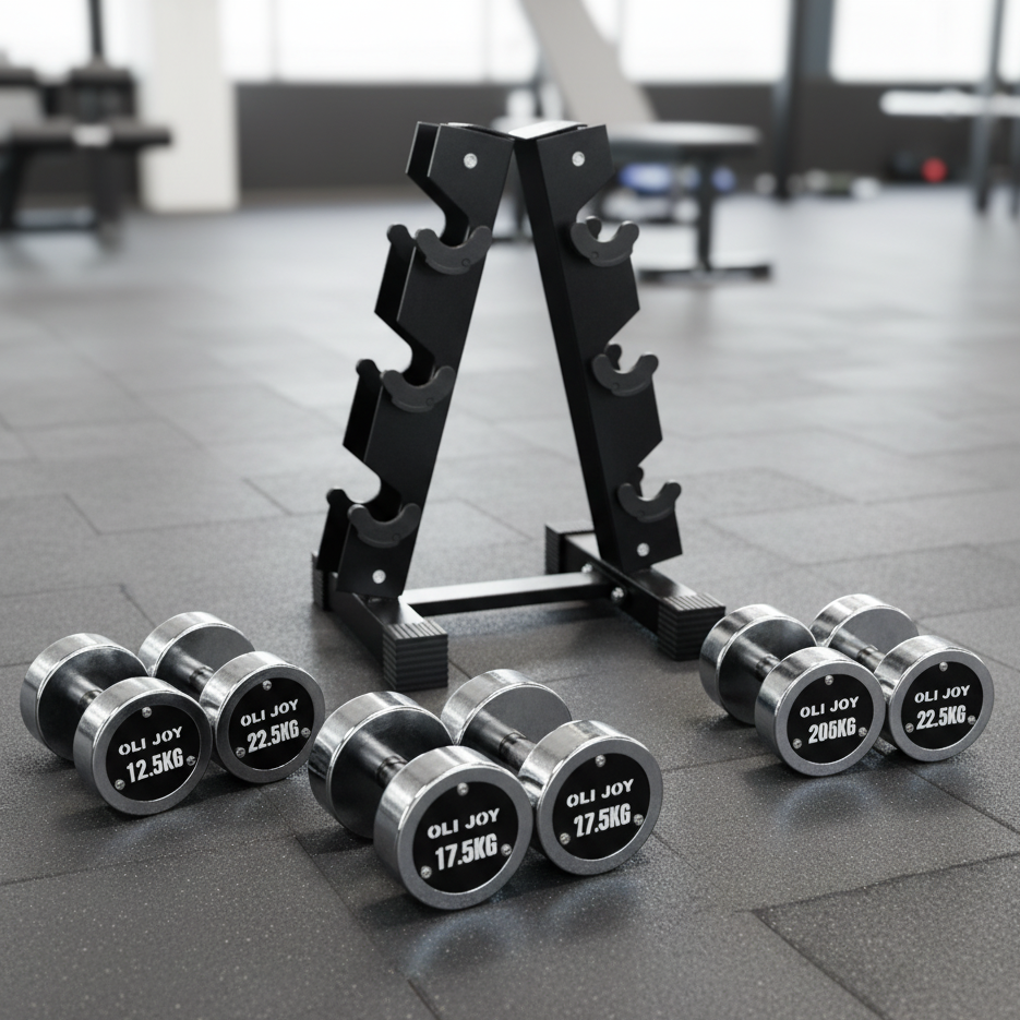 Chrome Round Dumbbell Set (17.5kg / 20kg / 22.5kg) + 3-Pairs Dumbbell Rack