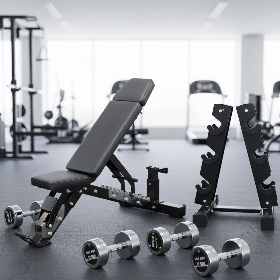 Chrome Round Dumbbell Set (17.5kg / 20kg / 22.5kg)& Dumbbell Rack + Commercial 3-Point Adjustable Bench