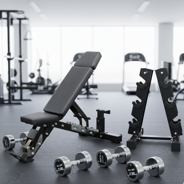 Chrome Round Dumbbell Set (17.5kg / 20kg / 22.5kg)& Dumbbell Rack + Commercial 3-Point Adjustable Bench