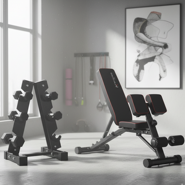 5kg to 15kg (3 pairs - 60kg) Hex Dumbbell & Storage Rack & Adjustable Bench Bundle