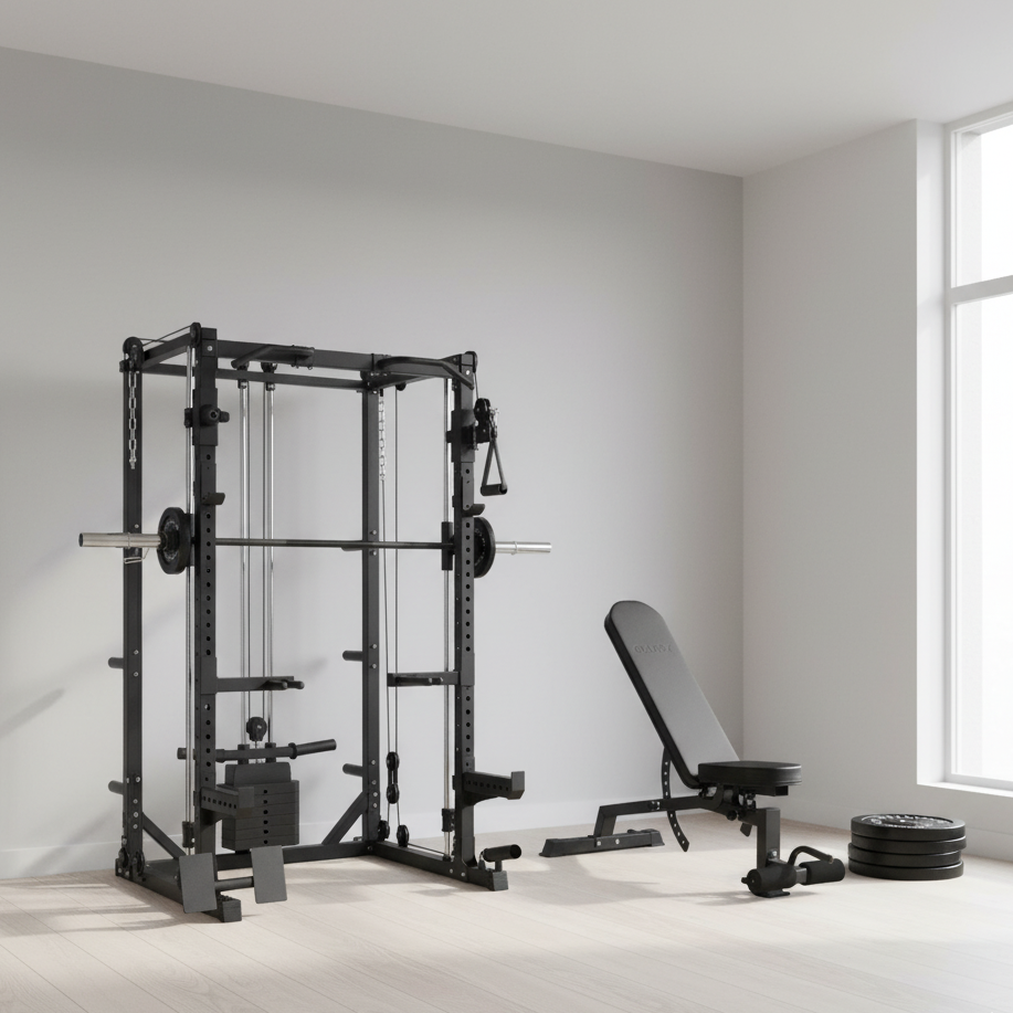 Oli Joy 5383 Home Strength Bundle – Smith Machine with 100 kg Olympic Plates, Barbell & Adjustable Bench