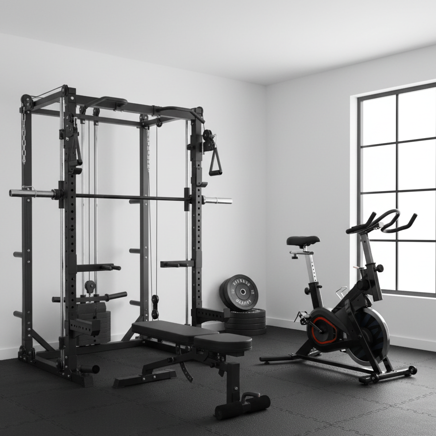 Oli Joy 5383 Total Home Gym Bundle – Smith Machine with 100 kg Plates, Adjustable Bench & Magnetic Bike