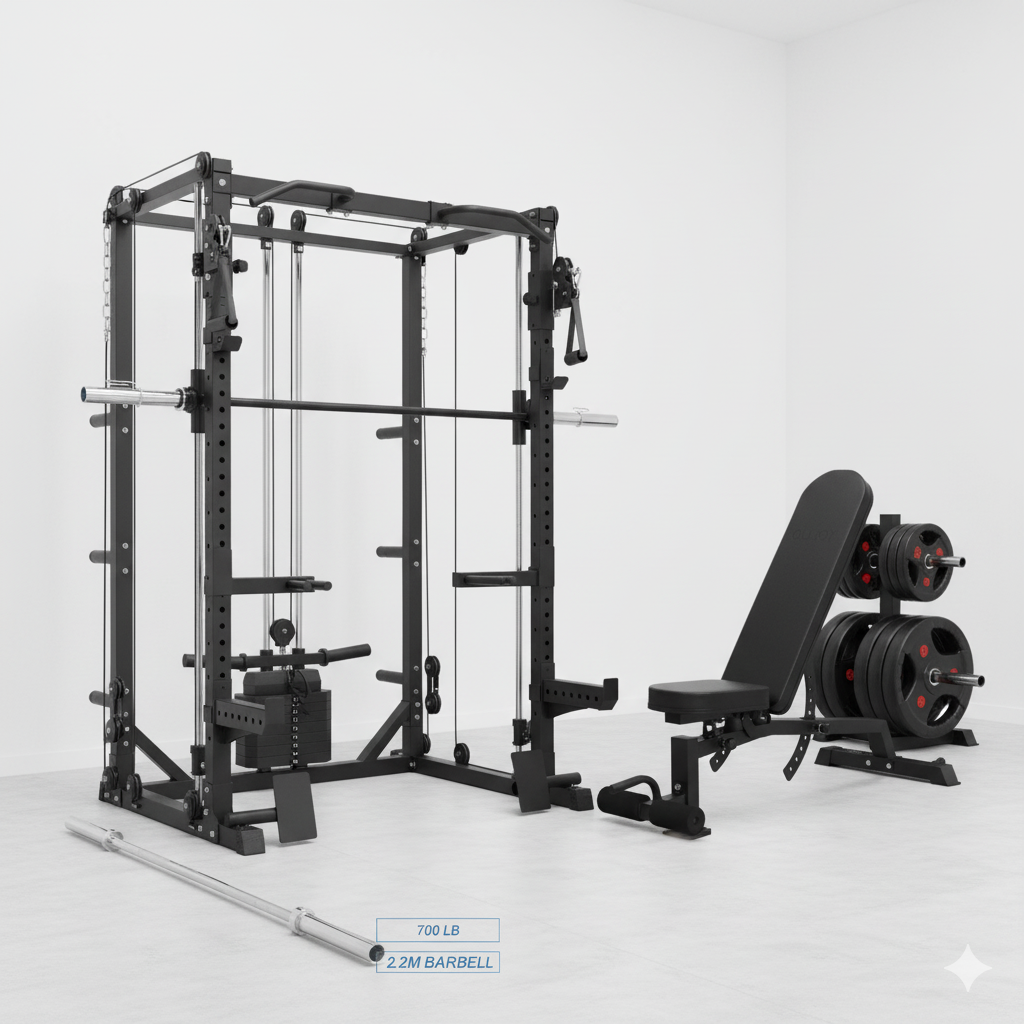 Oli Joy 5383 Pro Strength Bundle – Smith Machine with 155 kg Olympic Plates, Barbell & Adjustable Bench