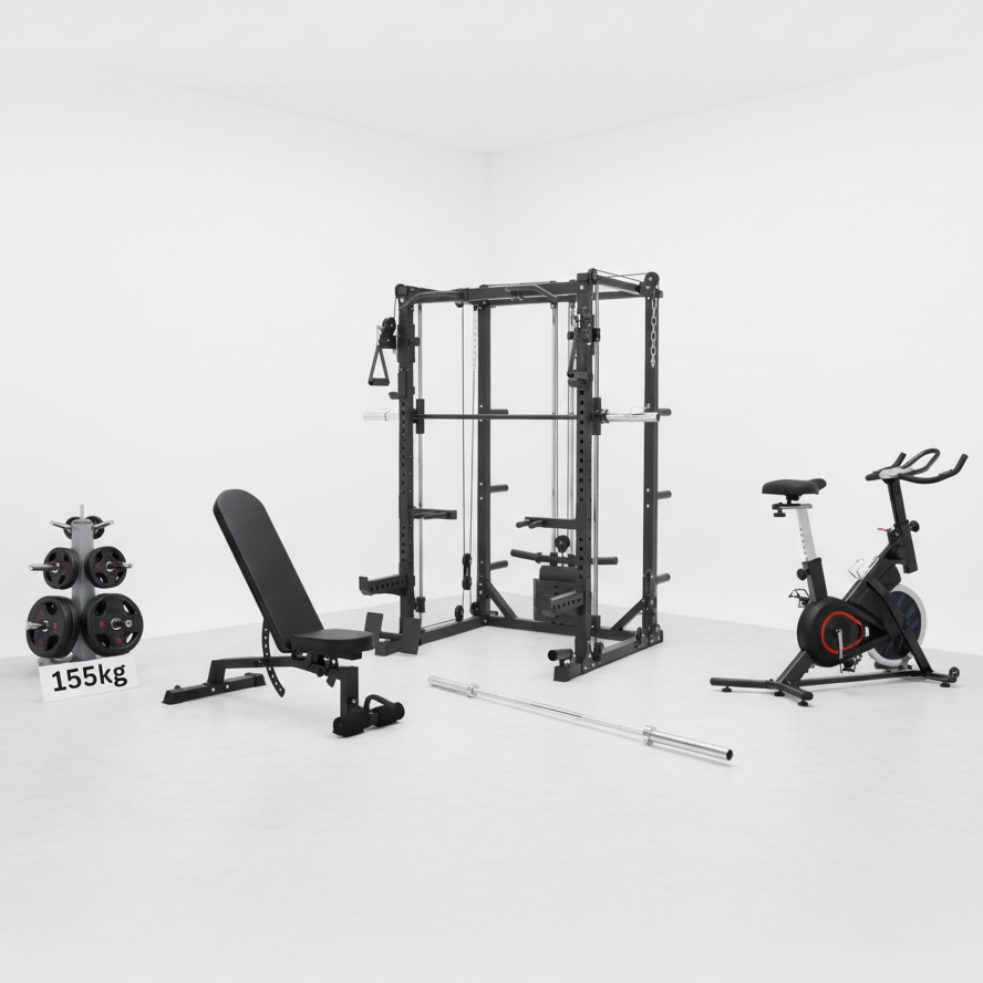 Oli Joy 5383 Ultimate Training Bundle – Smith Machine with 155 kg Plates, Bench & Magnetic Exercise Bike