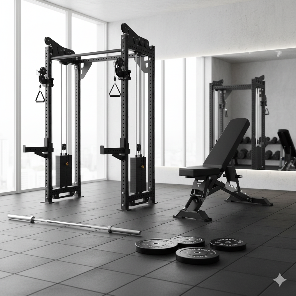 Oli Joy 5492 Pro Functional Bundle – Cable Crossover Trainer with 100 kg Plates, Barbell & Adjustable Bench