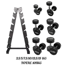Load image into Gallery viewer, 2.5kg to 15kg Round Dumbbell &amp; Storage Rack Bundle (6 pairs -105kg)
