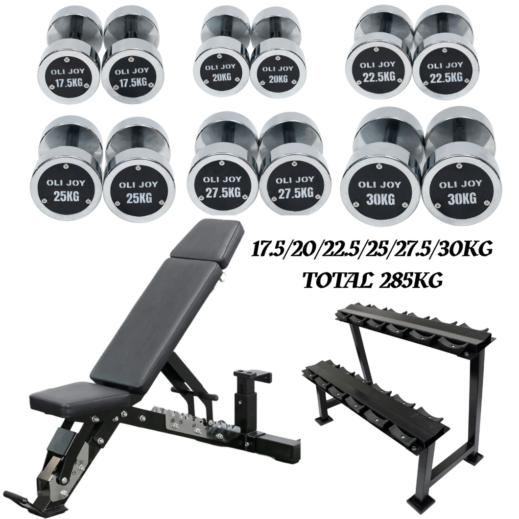 Chrome Round Dumbbell Set 17.5–30kg (Total 285kg) + Dumbbell Rack + Commercial 3-Point Adjustable Bench