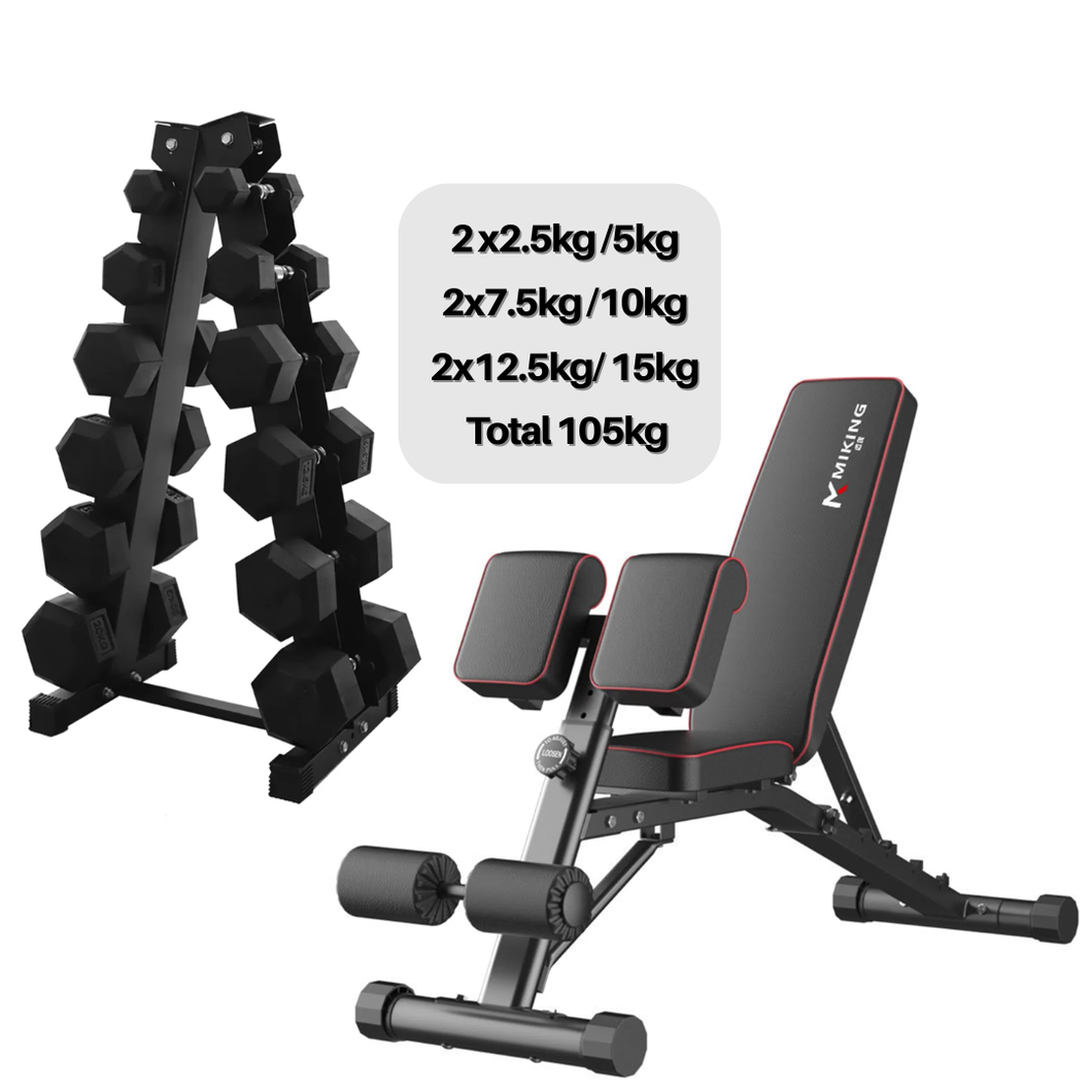 2.5kg to 15kg (6 pairs - 105kg) Hex Dumbbell & Storage Rack & Adjustable Bench Bundle