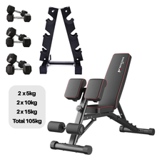 Load image into Gallery viewer, 5kg to 15kg (3 pairs - 60kg) Hex Dumbbell &amp; Storage Rack &amp; Adjustable Bench Bundle
