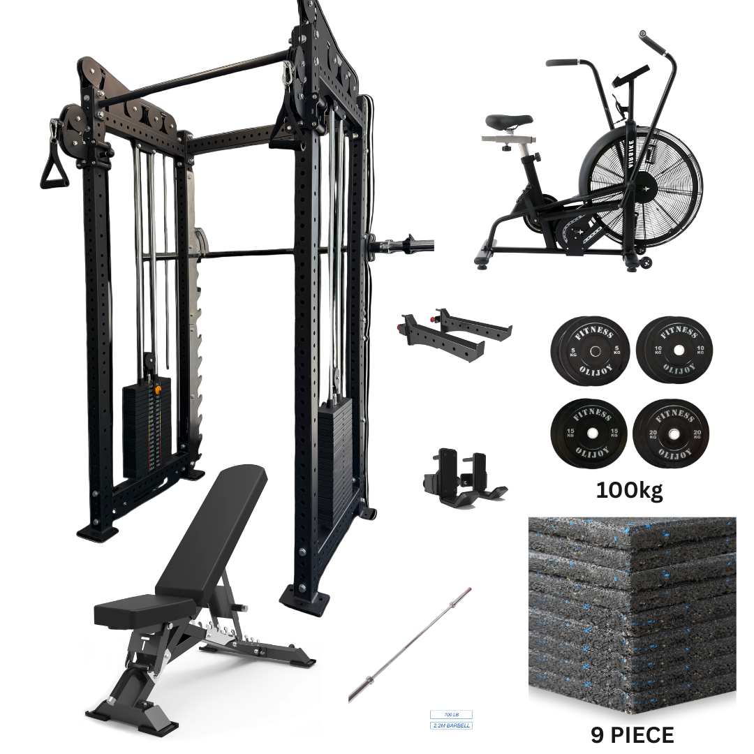 Oli Joy 5492 Functional Trainer Power Rack with 100 kg Plates, Barbell, Bench & Air Bike