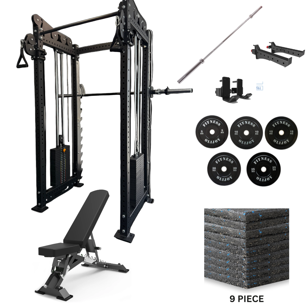 Oli Joy 5492 Elite Commercial Functional Trainer Bundle – Cable Crossover Power Rack with 150 kg Olympic Plates, Barbell, Adjustable Bench, Smith System & 15 mm Gym Mat