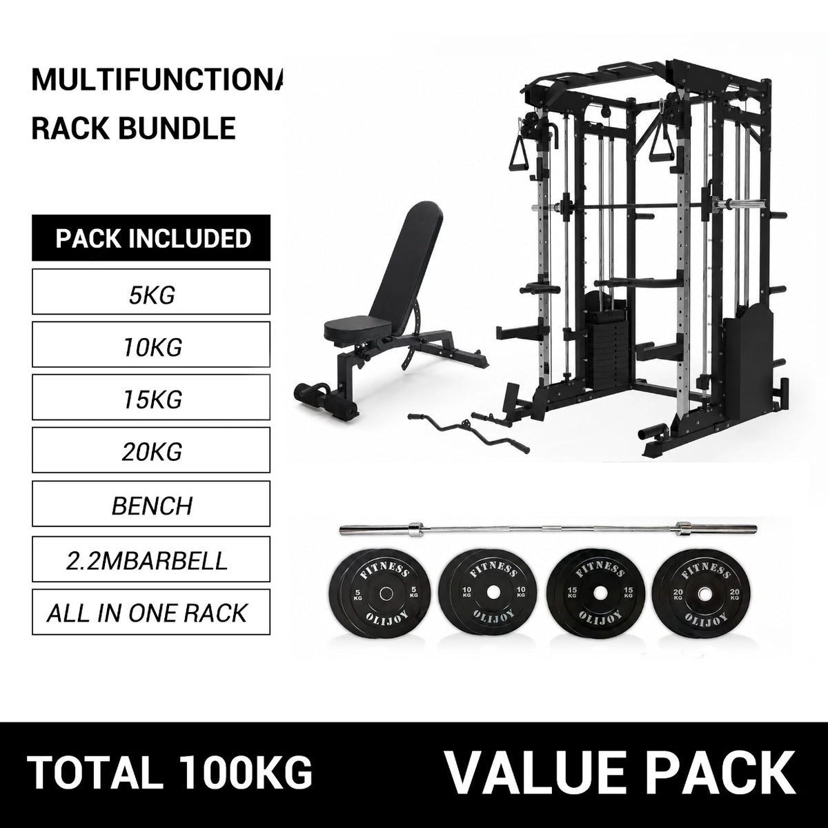 Oli Joy 10-in-1 Smith Machine Power Rack with Smith Machine,300LB Stack, 100KG Bumper Plates & Bench Bundle