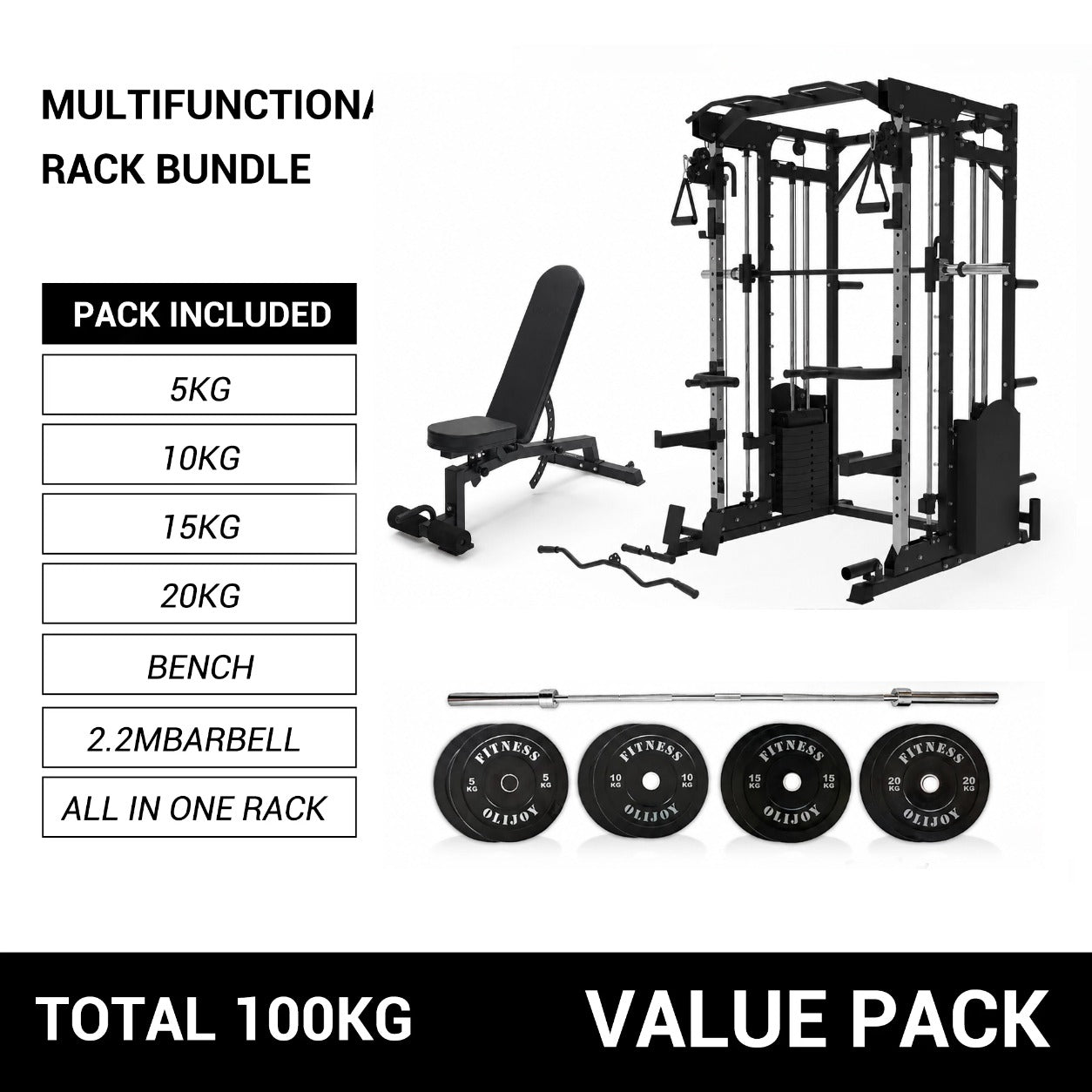 Oli Joy 10-in-1 Smith Machine Power Rack with Smith Machine,300LB Stack, 100KG Bumper Plates & Bench Bundle