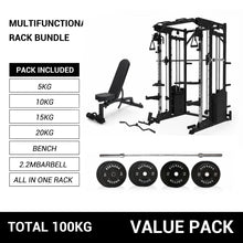 Load image into Gallery viewer, Oli Joy 10-in-1 Smith Machine Power Rack with Smith Machine,300LB Stack, 100KG Bumper Plates &amp; Bench Bundle

