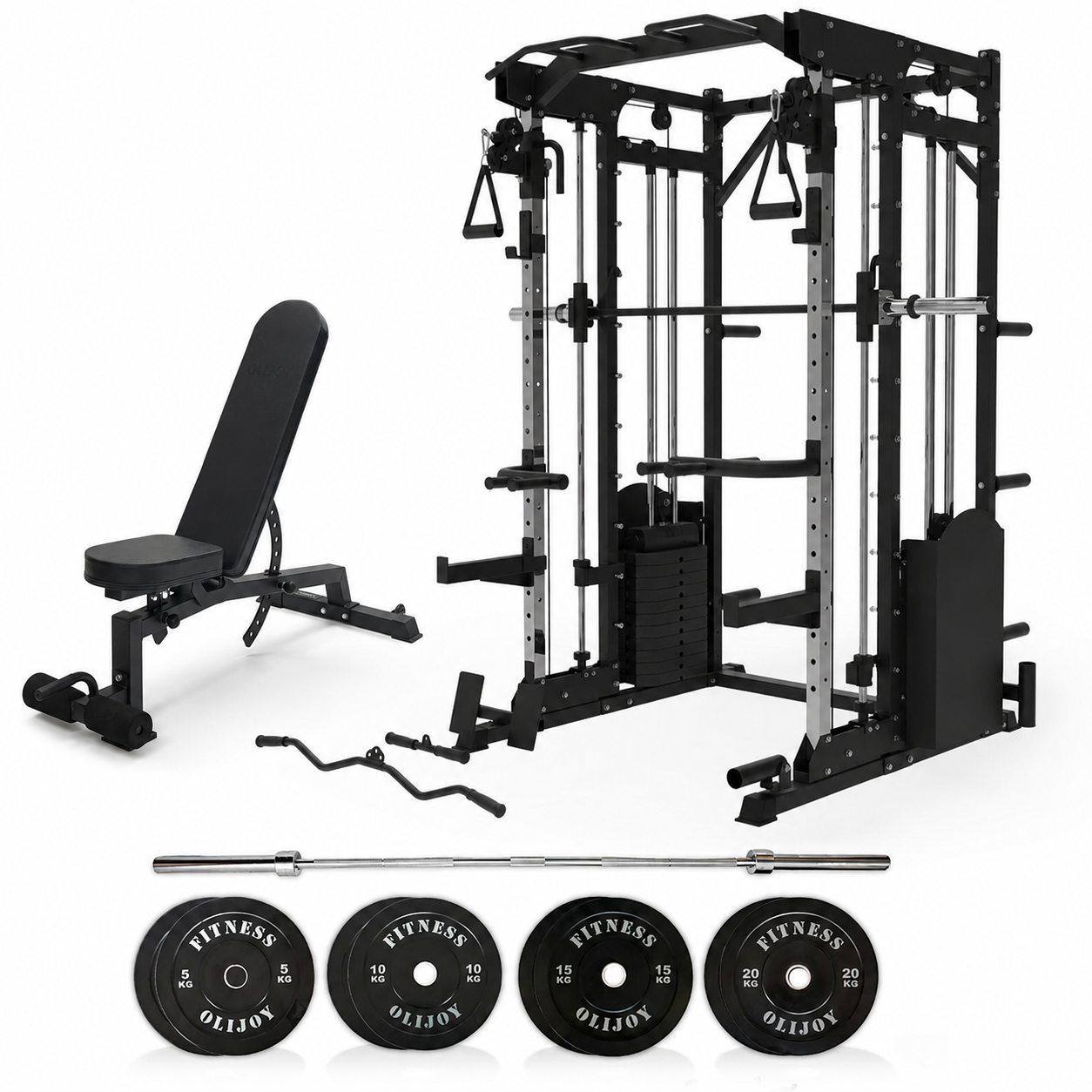 Oli Joy 10-in-1 Smith Machine Power Rack with Smith Machine,300LB Stack, 100KG Bumper Plates & Bench Bundle