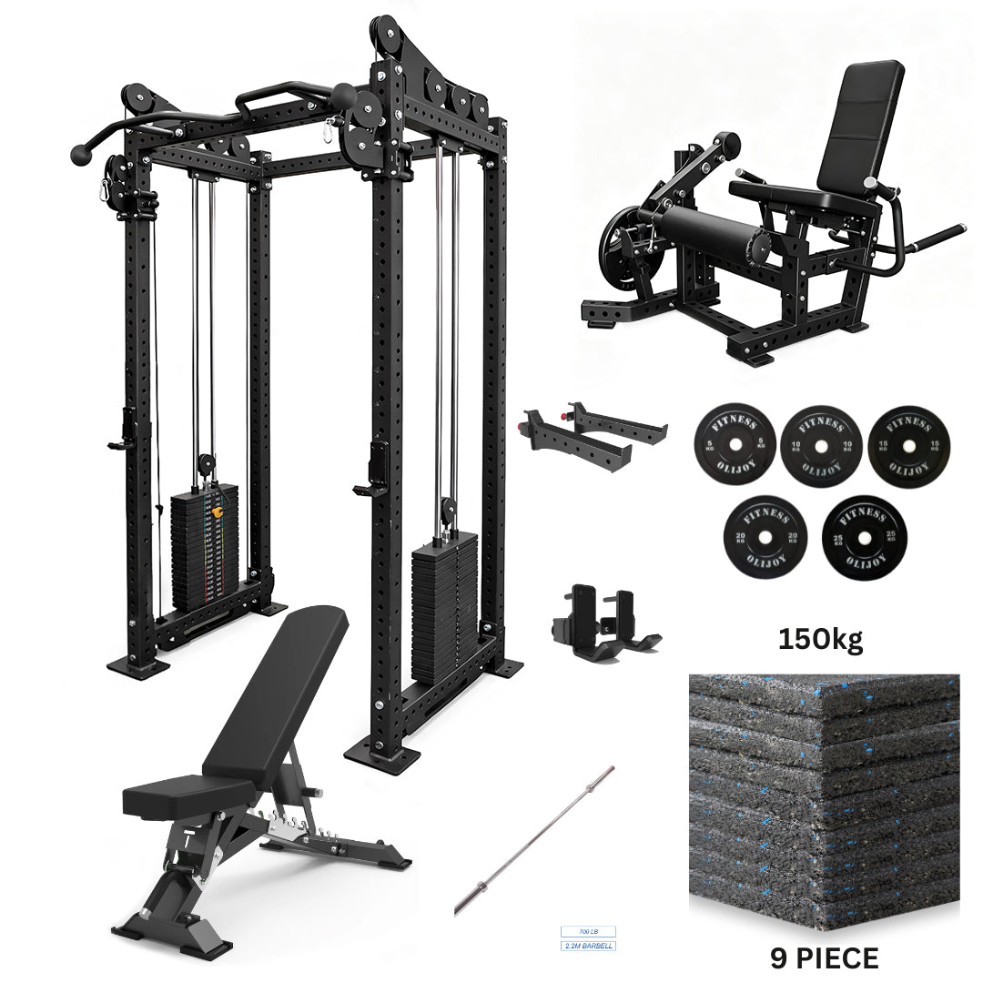 Oli Joy 5580 Elite Pro Strength Bundle – Cable Crossover Power Rack with 150 kg Plates & Leg Curl Machine