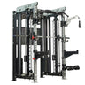 Gym equipment rack with various attachments on a white background
