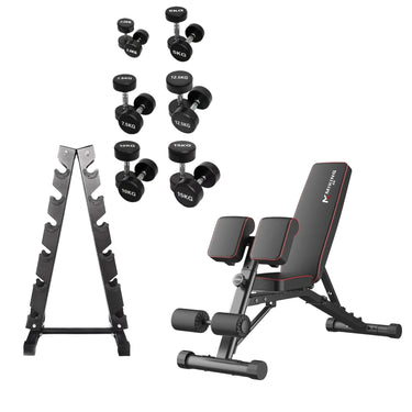 2.5kg–15kg (6 Pairs – 105kg) Round Dumbbell & Storage Rack & Adjustable Bench Bundle