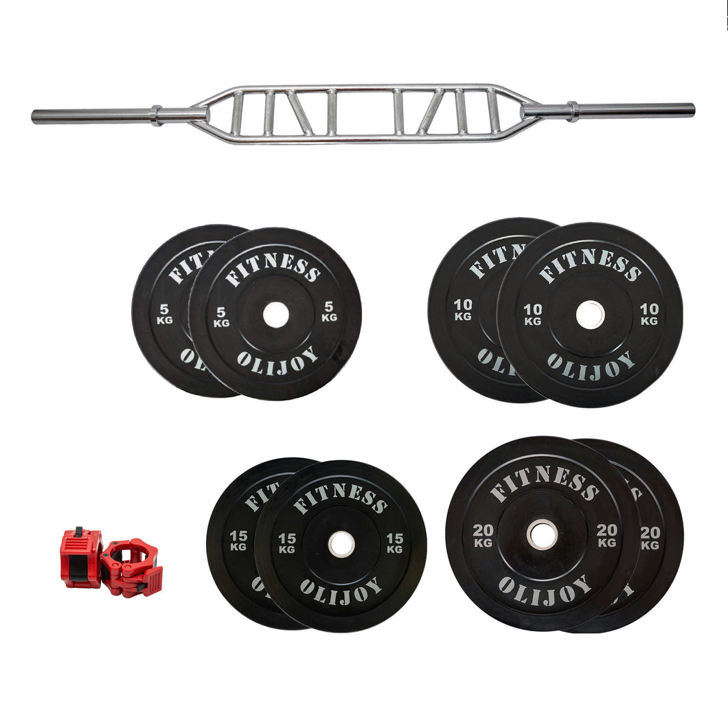 100kg Black Bumper Plates &Multi Grip Swiss Bar Bundle(5/10/15/20)&collar