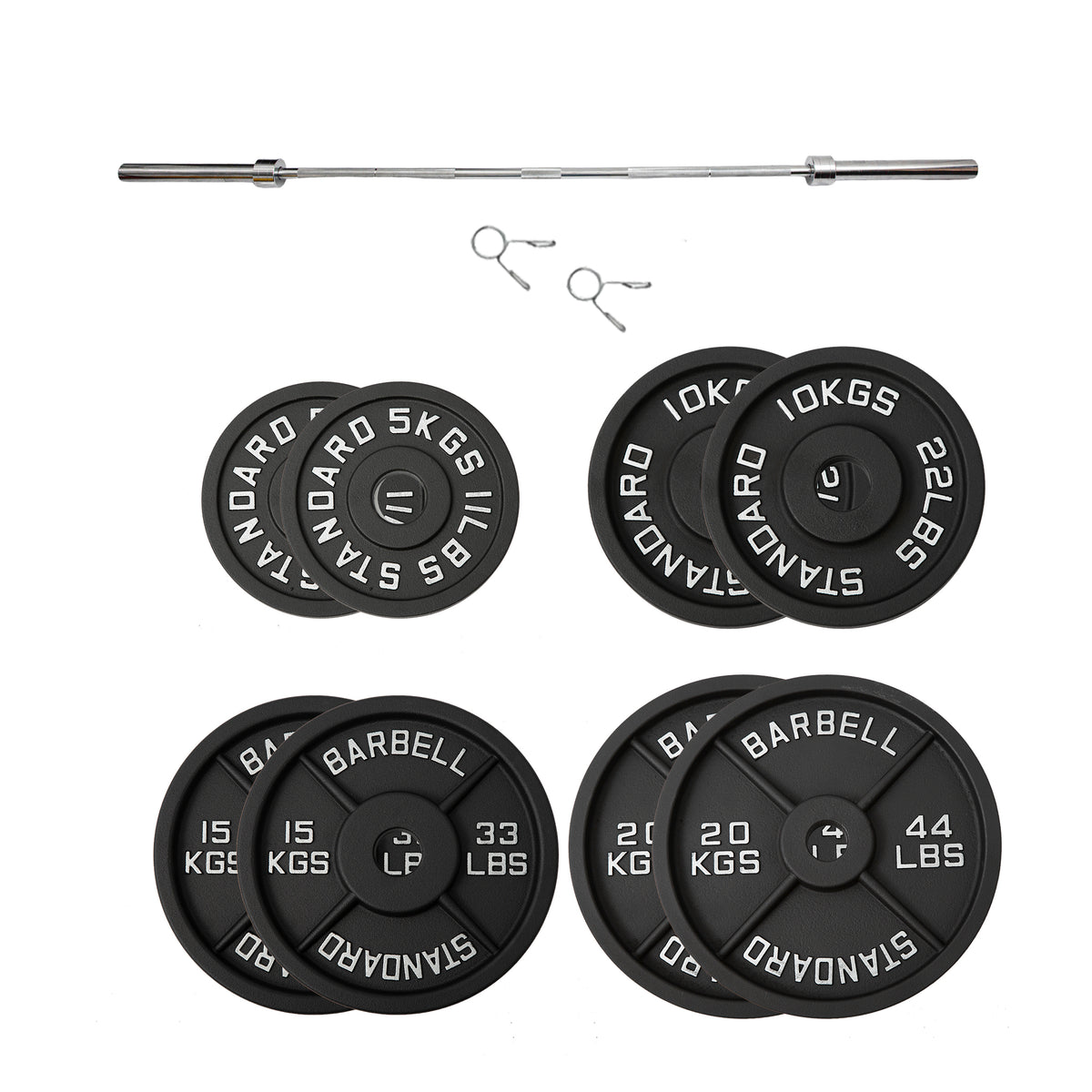 100kg Black Cast Iron Plates & Barbell Bundle (2.2m bar)