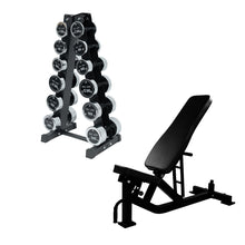 Load image into Gallery viewer, 2.5kg to 20kg Chrome Round Dumbbell &amp; Storage Rack &amp; Commercial Bench Bundle (6 pairs - 130kg)
