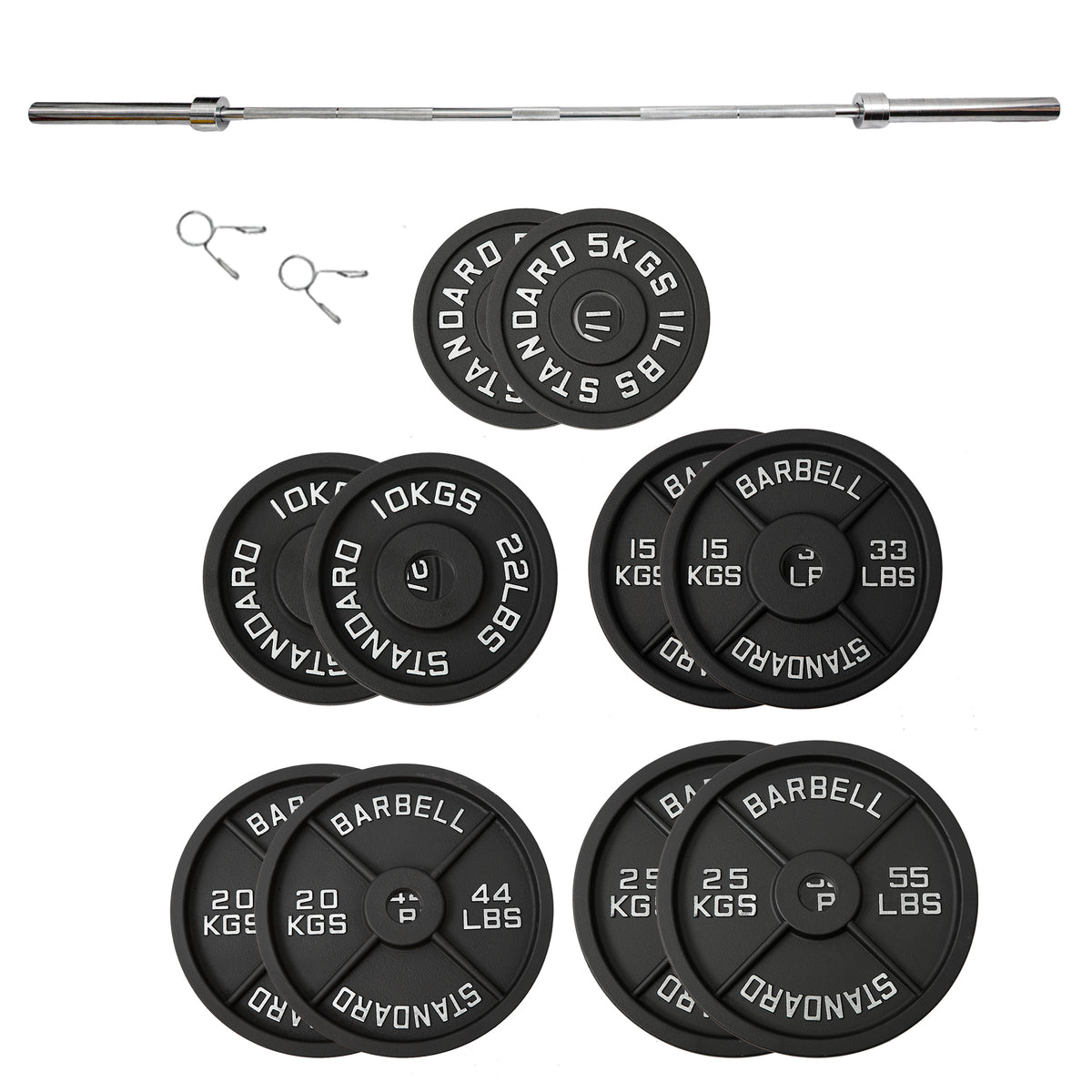 150kg Black Cast Iron Plates & Barbell Bundle (2.2m bar)