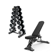 Load image into Gallery viewer, 5kg to 20kg Chrome Round Dumbbell &amp; Storage Rack &amp; Premium Bench Bundle (6 pairs - 150kg)
