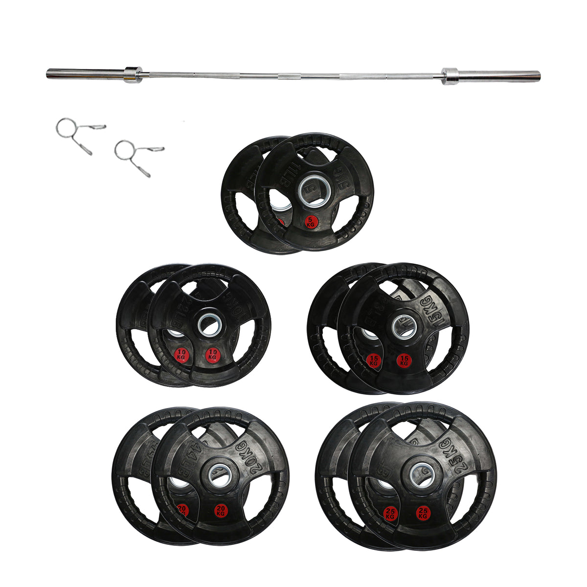 150kg Olympic Weight Plates & Barbell Bundle (2.2m bar)