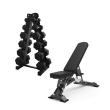 Load image into Gallery viewer, 7.5kg to 25kg Hex Dumbbell &amp; Storage Rack &amp; Premium Bench Bundle (6 pairs - 180kg)
